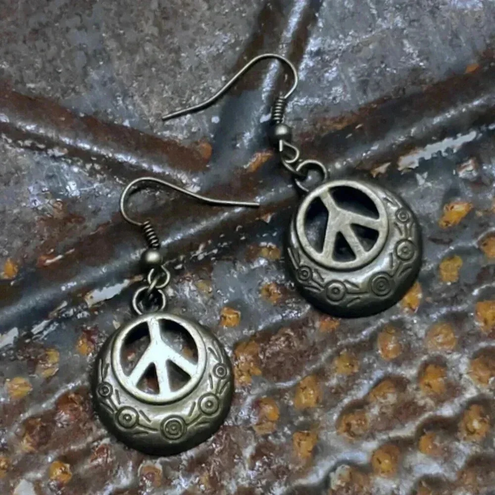 Artsy Peace Sign Bronze Antique Brass Stylized Dangle Earrings